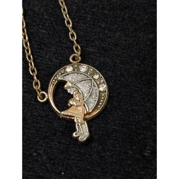 Vintage 1970s 1928 Morton Salt Girl Umbrella Gold Tone Necklace with Crystals - Picture 2 of 11